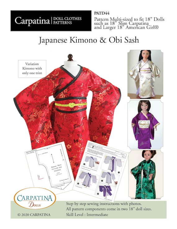 Japanese Doll Kimono and Obi Sash PDF Pattern, Multi-sized