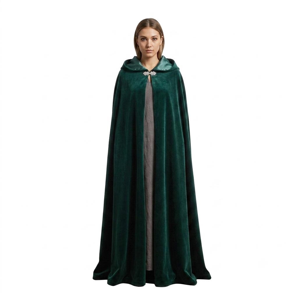 Green Velvet Morgana Cloak With Hood, Completely Lined in Green