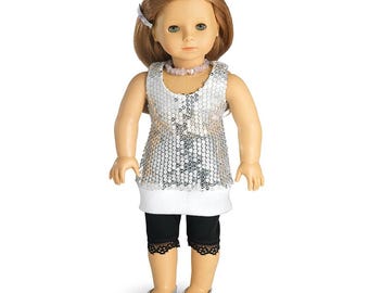 K-Pop Doll Clothe Silver or Gold Sequins Tunic and Black Pants, Silver or Gold Shoes and Bags for 18" Dolls such as American Girl