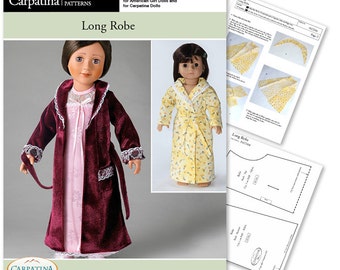 May include: A sewing pattern for a long robe for 18-inch dolls. The pattern is called "Long Robe" and is from Carpatina Dolls. The pattern includes instructions and templates for making the robe.