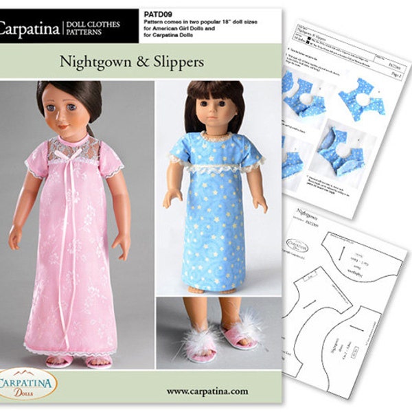 Dolls Nightgown & Slippers - PDF Carpatina Pattern Multi-sized for 18" Slim Carpatina or Kidz n Cats and for 18" American Girl Dolls