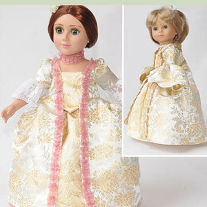 May include: A doll wearing a white and gold brocade dress with a pink trim. The dress is called "Robe à la Française" and is a pattern for 18-inch dolls. The pattern is available from Carpatina Dolls.