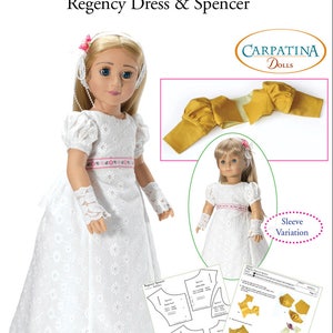 Regency Dress and Spencer Doll Clothes Pattern as Downloadable PDF, Comes in 2 sizes: for 18 American Girl and slim Carpatina dolls image 3