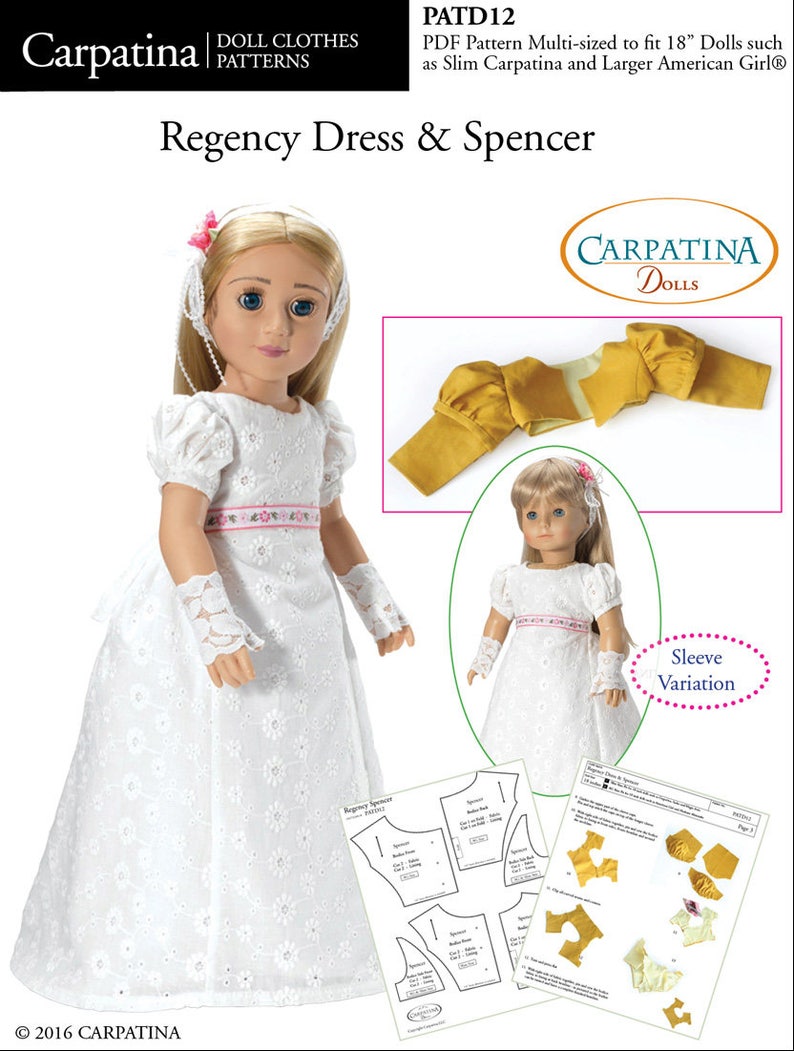 Regency Dress and Spencer Doll Clothes Pattern as Downloadable PDF, Comes in 2 sizes: for 18 American Girl and slim Carpatina dolls image 3