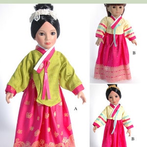 May include: Image of doll clothes patterns for Korean Hanbok and Dangui costumes. The patterns are for two popular 18-inch doll sizes. The dolls are wearing traditional Korean dresses in pink, yellow, and green.