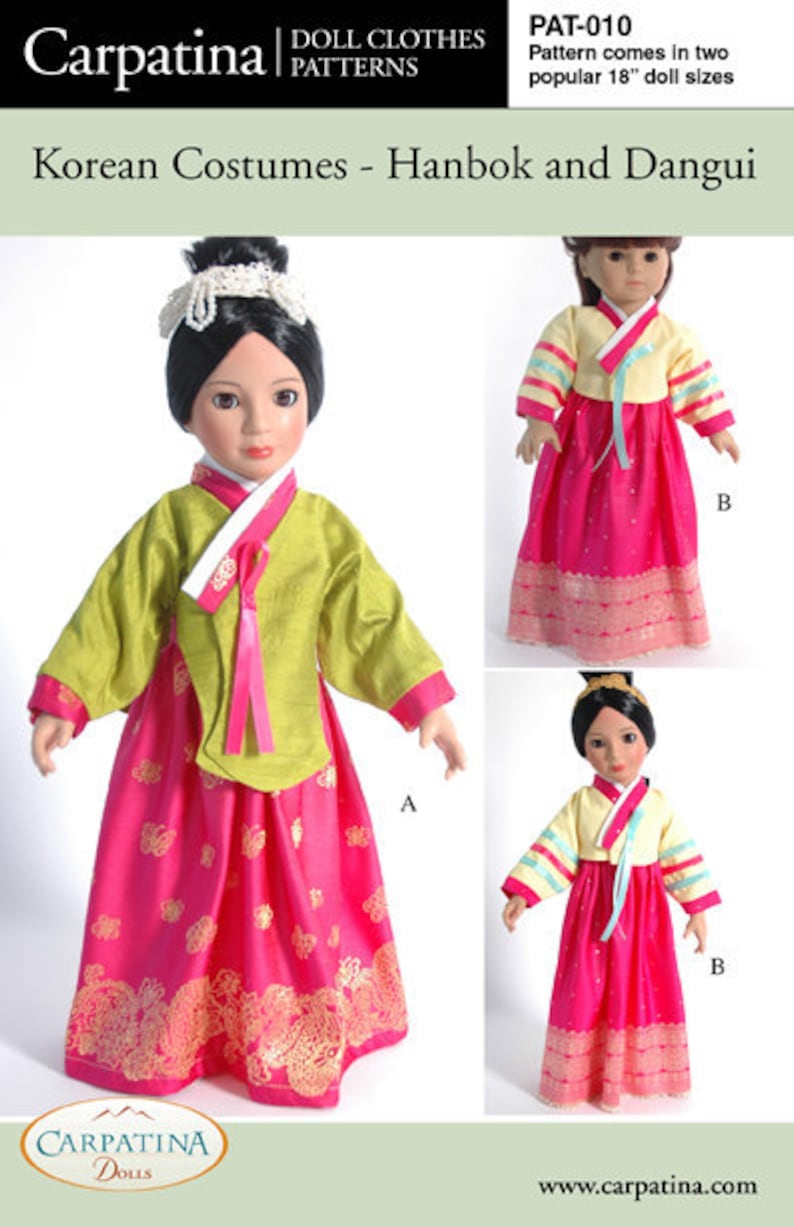 May include: Image of doll clothes patterns for Korean Hanbok and Dangui costumes. The patterns are for two popular 18-inch doll sizes. The dolls are wearing traditional Korean dresses in pink, yellow, and green.