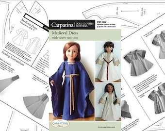 Medieval Doll Dress Pattern Multi-sized for 18" American Girl and Slim Carpatina dolls, Printed Paper Pattern