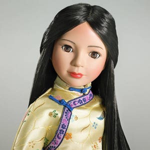 Ana 18 inch Doll with Black Hair and Brown Eyes with Chinese dress and shoes made by Carpatina, New in Gift Box