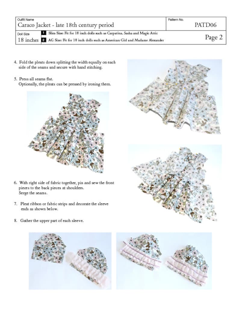 Caraco Jacket and Fichu 18 inch Doll Clothes PDF Pattern, Multi-sized to fit 18" Slim and Regular 18" Dolls such as American Girl® and Gotz image 3