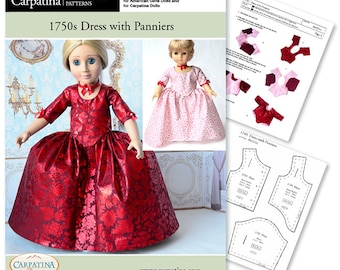 May include: A sewing pattern for a 1750s dress with panniers for 18-inch dolls. The pattern includes instructions and diagrams for making the dress and panniers. The pattern is available in two sizes, for American Girl Dolls and Carpatina Dolls. The image shows a doll wearing a red dress with a floral pattern.