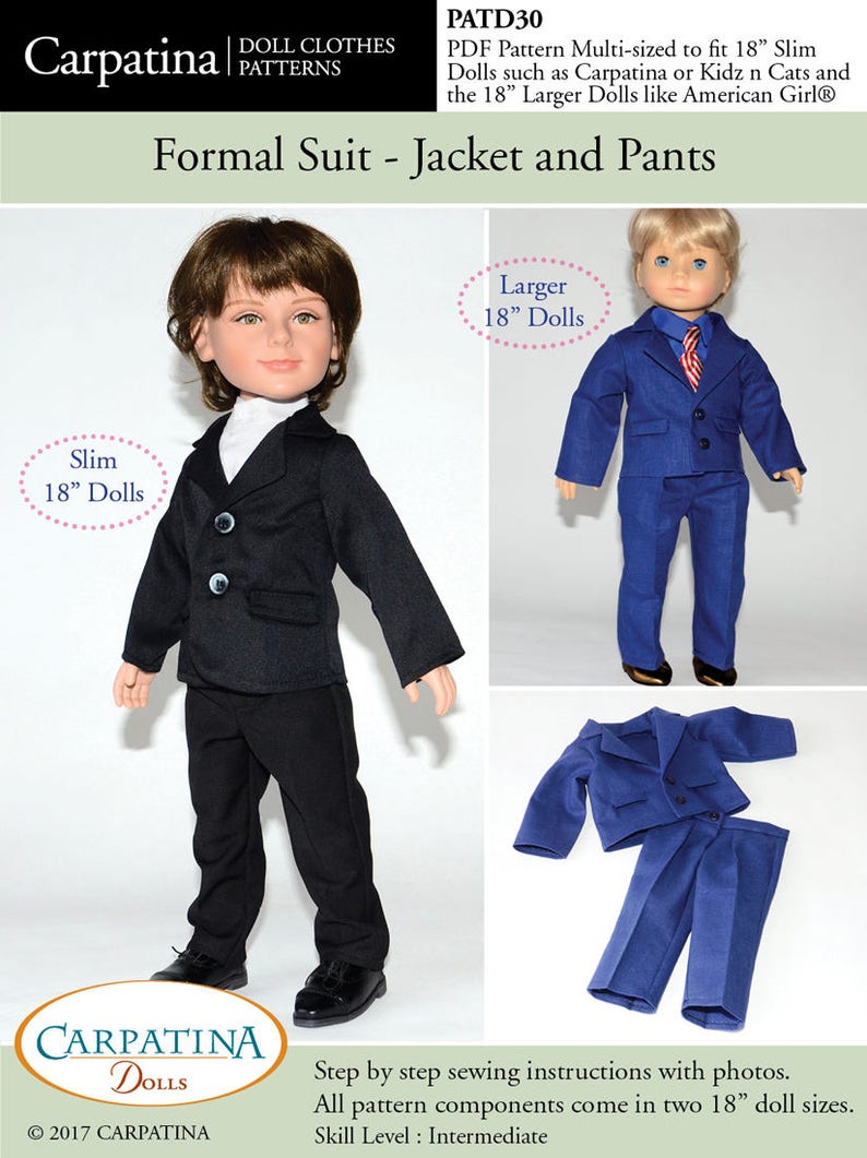 Pattern for Pants and Jacket Suit PDF pattern Multi-sized for 18 Slim Carpatina Boy Dolls and for the larger 18 American Girl Boy Dolls image 2