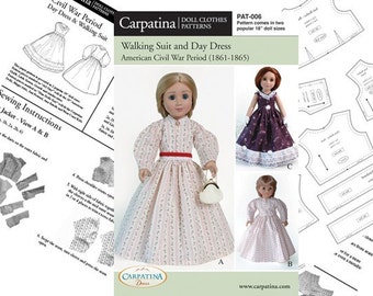 Modèle de costume et de robe de bal de la période de la guerre civile multi-taille pour poupées American Girl et Slim Carpatina de 18 pouces, motif en papier imprimé