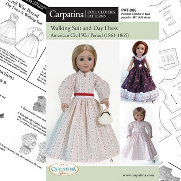 Civil War Period Suit and Ball Dress Pattern Multi-sized for 18" American Girl and Slim Carpatina dolls, Printed Paper Pattern