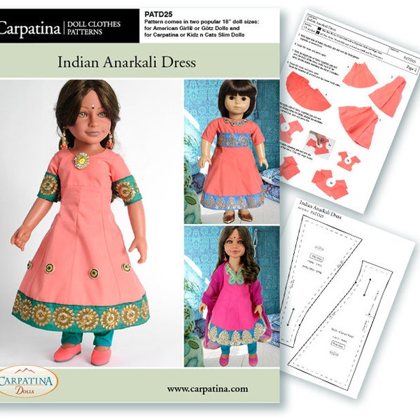 Indiase Anarkali pop jurk en Salwar broek Carpatina PDF patroon Multi-sized voor 18" Slim Dolls & voor 18" American Girl Dolls