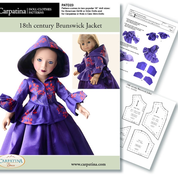 Outlander Doll Costumes Brunswick Jacket and Skirt PDF Pattern Multi-sized for 18" Slim Carpatina or Kidz n Cats and for 18" American Girl