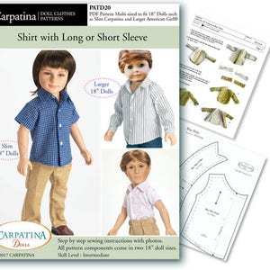 May include: A sewing pattern for a shirt with long or short sleeves for 18-inch dolls. The pattern is multi-sized to fit both slim and larger dolls. The pattern includes step-by-step instructions with photos. Skill level: Intermediate. PATD20.