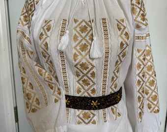 Peasant Blouse with Gold Embroidery and Romanian Black Velvet Vest