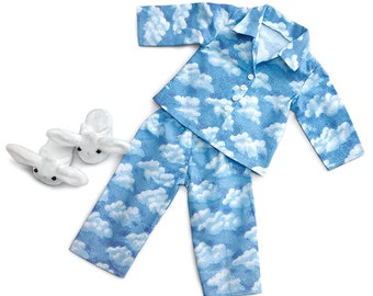 18" Dolls Blue Cotton Pajamas with White Bunny Slippers, Clothing made to fit dolls like 18" American Girl