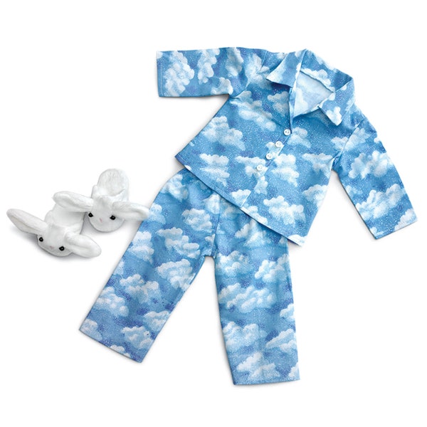 18" Dolls Blue Cotton Pajamas with White Bunny Slippers, Clothing made to fit dolls like 18" American Girl