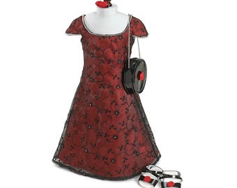 Titanic Rose Doll Dress in Embroidered Organza over Red Satin, Black Bag and Sandals fits 18" American Girl Dolls