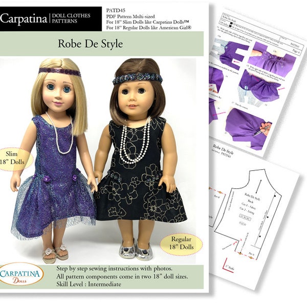Robe De Style Doll Dress, Sewing Pattern Comes in 2 sizes: for 18" American Girl and 18" slim Carpatina dolls
