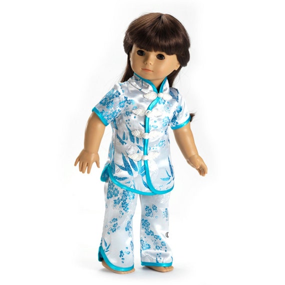 Blue Satin Bamboo Print Pajamas or Chinese Doll Suit Outfit for 18  American Girl Dolls