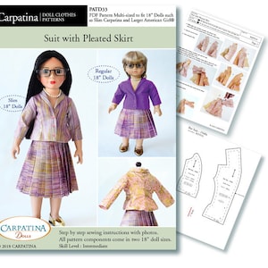 Suit with Pleated Skirt 18 inch Doll Clothes PDF Pattern, Multi-sized to fit Slim and Regular 18&quot; Dolls such as American Girl® and Gotz