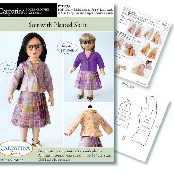 Suit with Pleated Skirt PDF Pattern Multi-sized for 18" Slim Carpatina or Kidz n Cats and for 18" American Girl Dolls