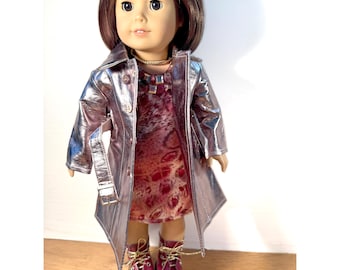 K Pop Doll Clothes Golden Leather Trench Coat with Dress and Doll Boots fits 18" American Girl Dolls