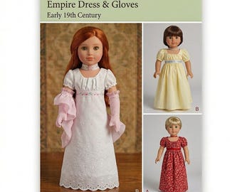 Puede incluir: Patrón de costura Carpatina PAT-004 para un vestido estilo Imperio y guantes para muñecas de 46 cm. La portada muestra una muñeca con un vestido blanco de ojales y guantes rosas, un vestido amarillo y un vestido rojo floral, todos con mangas abullonadas.