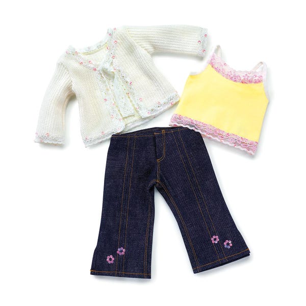 Christmas Doll Outfit with Denim Jeans, White Cardigan and Yellow Tank Top Made by Carpatina fits 18" Dolls like American Girl or Gotz Dolls