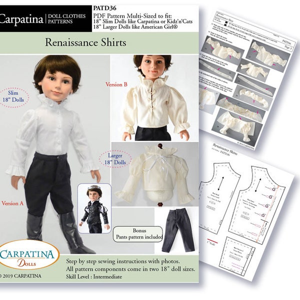 Renaissance Hemden PDF Pattern Multi-sized Schnittmuster für 18"American Girl Jungen und 18"Slim Carpatina oder Kidz'n'Cats Jungen Puppen