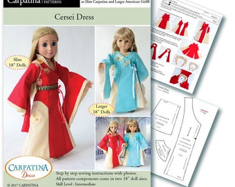 Medieval Fantasy Cersei Dress Download PDF Sewing Pattern, Comes in 2 sizes: for 18" American Girl and 18" slim Carpatina dolls