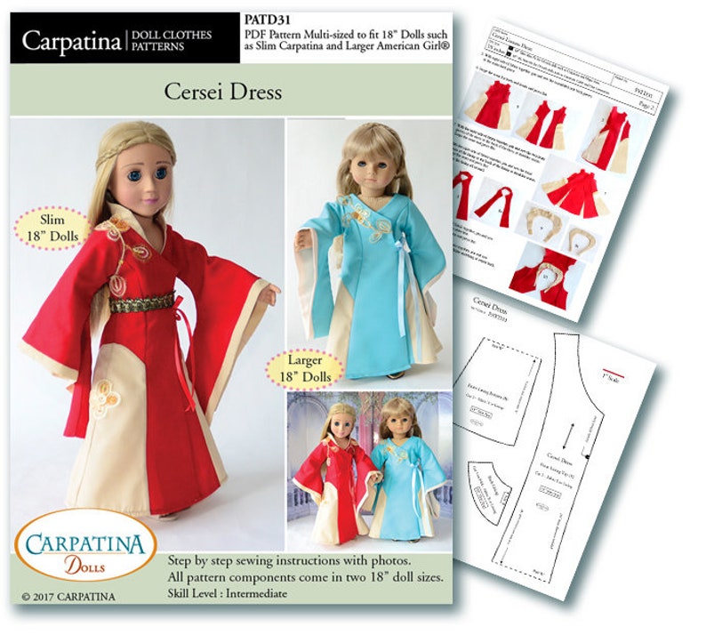 May include: A sewing pattern for a Cersei dress for 18-inch dolls. The pattern includes instructions for making the dress in two sizes, one for slim dolls and one for larger dolls. The pattern is printed on white paper with black text and illustrations. The pattern is titled "Cersei Dress" and includes the text "PDF Pattern Multi-sized to fit 18" Dolls such as Slim Carpatina and Larger American Girl&reg;".