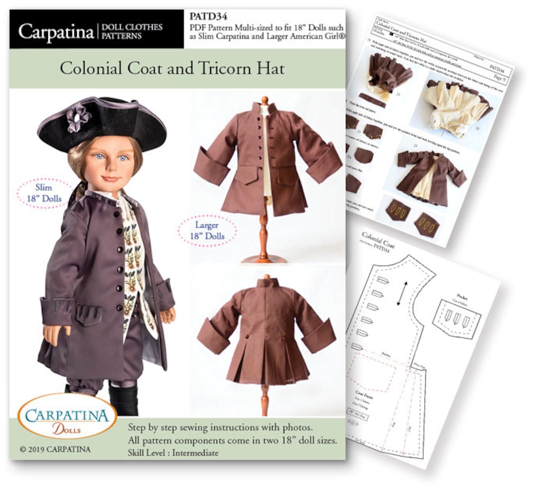 Colonial Coat and Tricorn Hat Boy Doll Clothes PDF Pattern, Multi-sized ...
