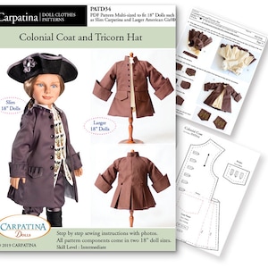 Colonial Coat and Tricorn Hat Boy Doll Clothes PDF Pattern, Multi-sized to fit Slim and Regular 18&quot; Dolls such as American Girl® and Gotz
