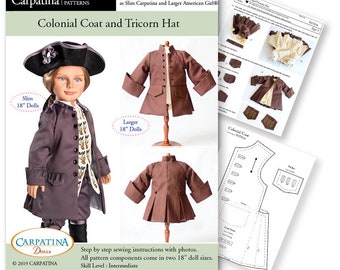 Colonial Coat and Tricorn Hat PDF Pattern Multi-sized for 18" American Girl Boy Dolls & for 18" Slim Carpatina or Kidz n Cats Boy Dolls