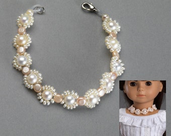 Pearls Doll Necklace or Girl Bracelet in Pink Velvet Pouch, fits 18" American Girl dolls, Nice Gift