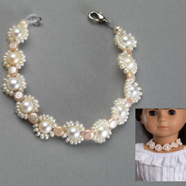 Pearls Doll Necklace or Girl Bracelet in Pink Velvet Pouch, fits 18" American Girl dolls, Nice Gift