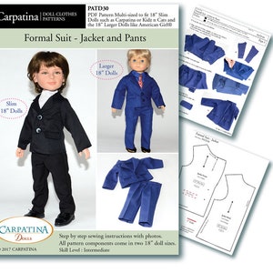 Pattern for Pants and Jacket Suit PDF pattern Multi-sized for 18 Slim Carpatina Boy Dolls and for the larger 18 American Girl Boy Dolls image 1