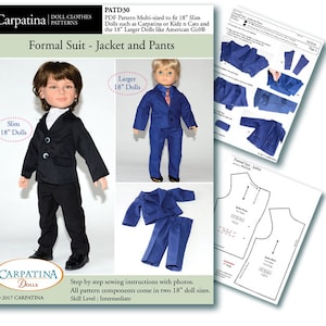 Pattern for Pants and Jacket Suit PDF pattern Multi-sized for 18 Slim Carpatina Boy Dolls and for the larger 18 American Girl Boy Dolls image 1