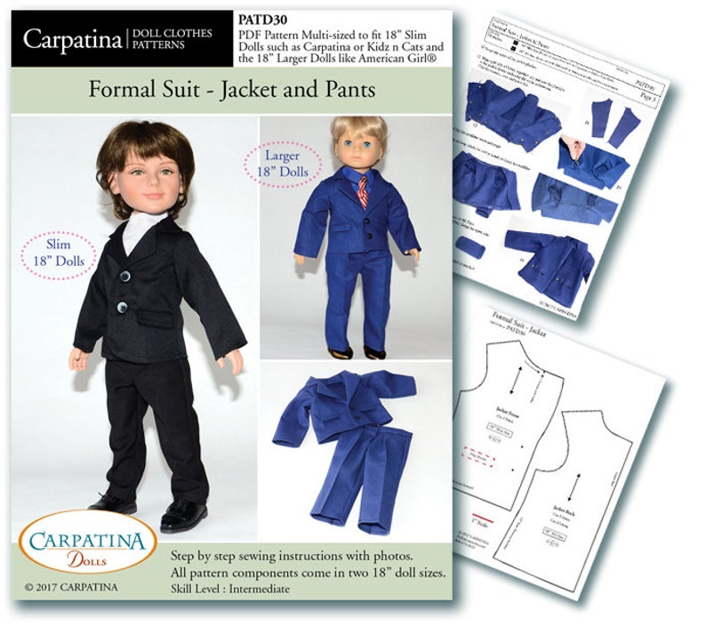 Pattern for Pants and Jacket Suit PDF pattern Multi-sized for 18 Slim Carpatina Boy Dolls and for the larger 18 American Girl Boy Dolls image 1
