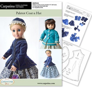 Paletot Coat & Hat Doll Clothes Sewing PDF Pattern, Comes in 2 sizes: for 18" American Girl and 18" slim Carpatina dolls