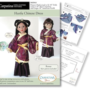 Puede incluir: Un patrón de costura para un vestido chino Hanfu para muñecas de 45 cm. El patrón incluye instrucciones para un vestido, puños de manga y una falda. El patrón es multi-talla para adaptarse a muñecas de 45 cm delgadas y más grandes. El patrón se titula "Hanfu Chinese Dress" y es de Carpatina Dolls.