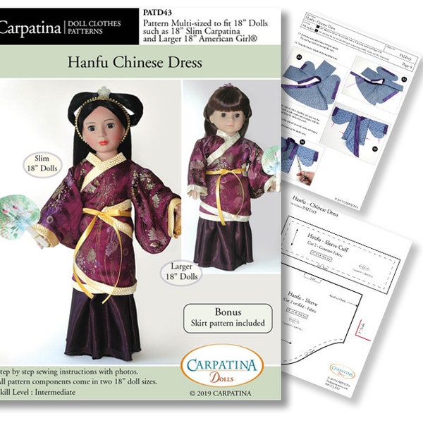 Robe portefeuille chinoise Hanfu Patron de couture PDF multi-tailles pour poupées American Girl de 18 po. et poupées Carpatina minces de 18 po.