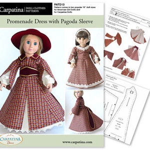 May include: A doll dress sewing pattern for 18-inch dolls. The pattern includes instructions for a red and white promenade dress with a pagoda sleeve. The pattern is called "Promenade Dress with Pagoda Sleeve" and is from the company Carpatina Doll Clothes Patterns.