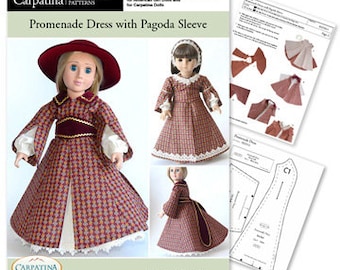 PDF Dolls Pattern for 1850s Promenade Dress with Pagoda Sleeve, Doll Pattern Comes in 2 sizes: for 18" American Girl & slim Carpatina dolls