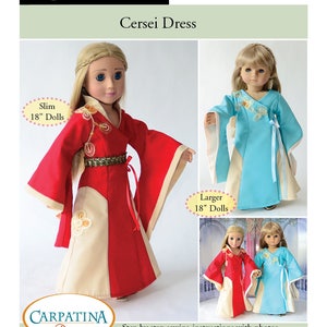 May include: PDF sewing pattern for a Cersei dress for 18 inch dolls. The pattern comes in two sizes, slim and larger, and includes step-by-step instructions with photos.  PATD31. &copy;2017 Carpatina Dolls.