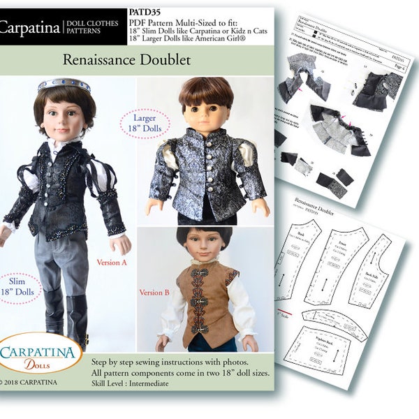 Renaissance Doublet Tunic PDF Pattern Multi-sized for 18" American Girl Boy Dolls & for 18" Slim Carpatina or Kidz'n'Cats Boy Dolls
