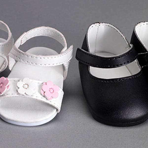 Set Dolls Shoes, White Leather Sandals and Black Mary Jane for 18" American Girl Dolls or Our Generation Dolls